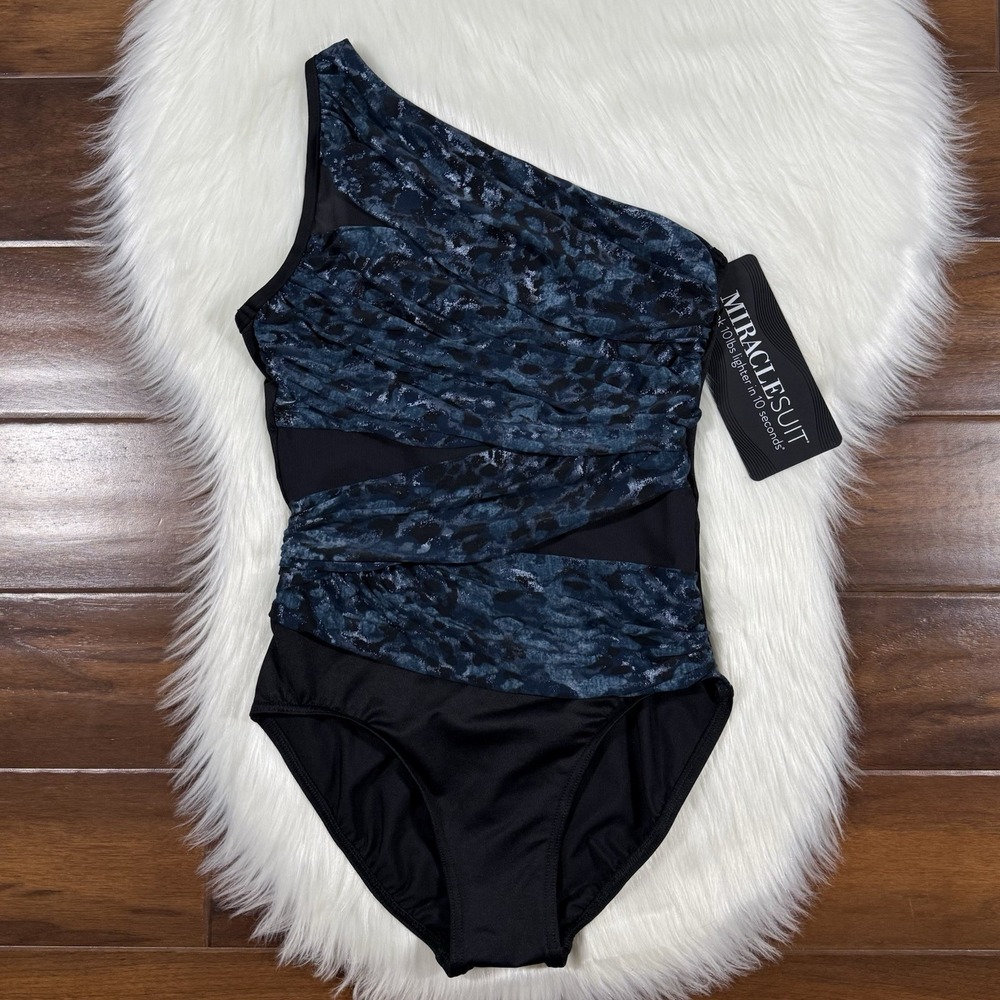 Miraclesuit Women's Size 6 Black Blue One Shoulder Jena One Piece Swimsuit